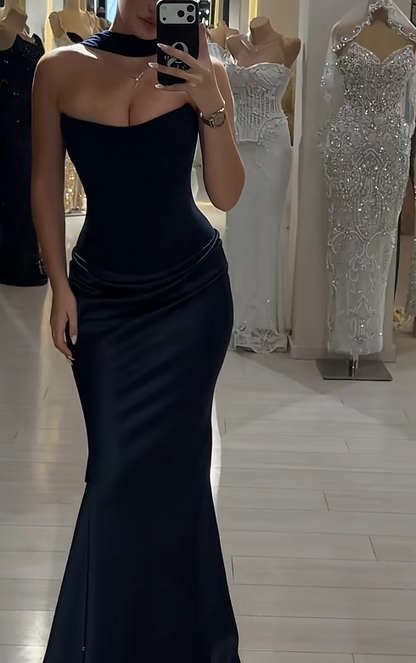 Chic Navy Blue Evening Dress Sheath Satin Long Prom Dress ED09804