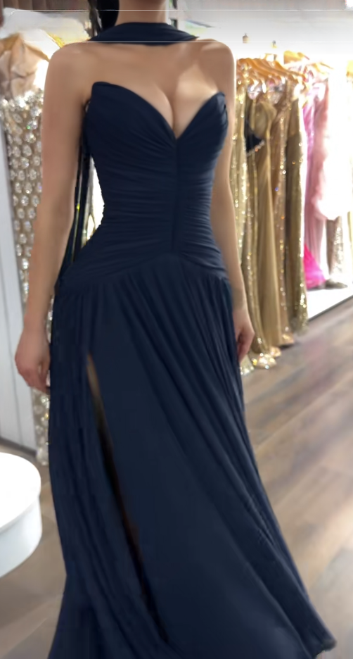 Robe de soirée fourreau chic en mousseline bleu marine longue robe de bal ED09805