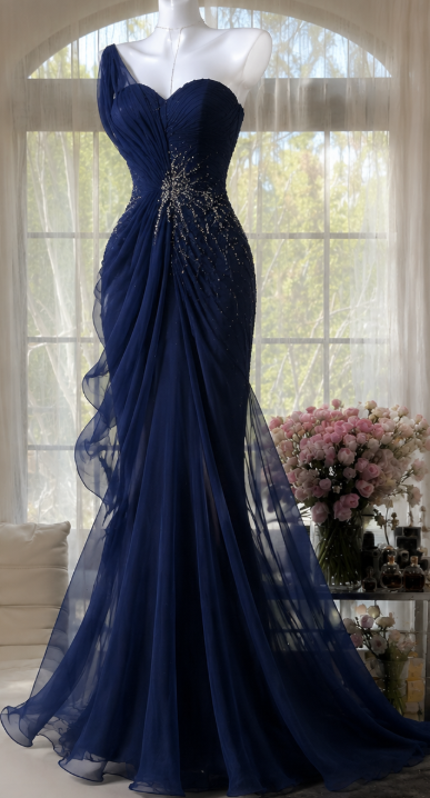 Elegantes dunkelblaues Abendkleid, Etui-Form, perlenbestickt, Chiffon, langes Ballkleid ED09807