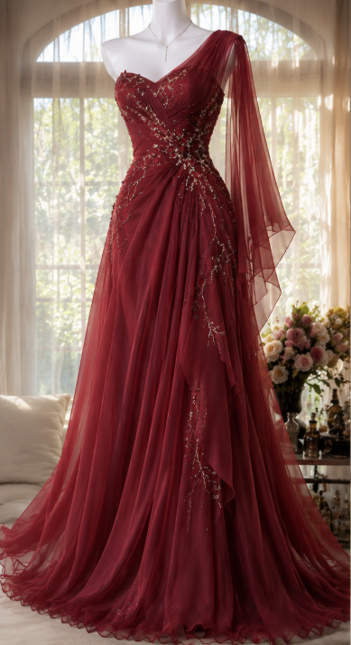 Chic Burgundy Evening Dress Sheath Beaded Chiffon Long Prom Dress ED09808