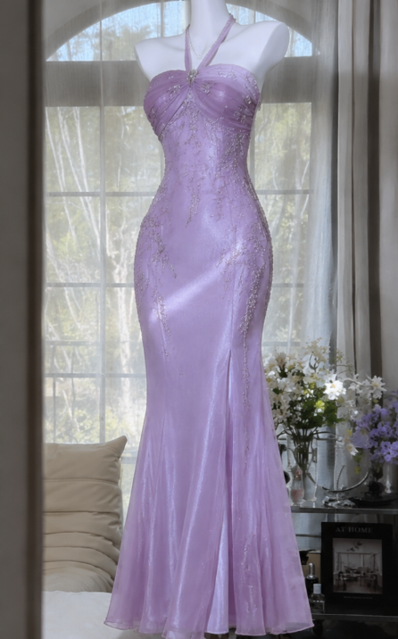 Chic Lilac Evening Dress Mermaid Beaded Chiffon Long Prom Dress ED09812