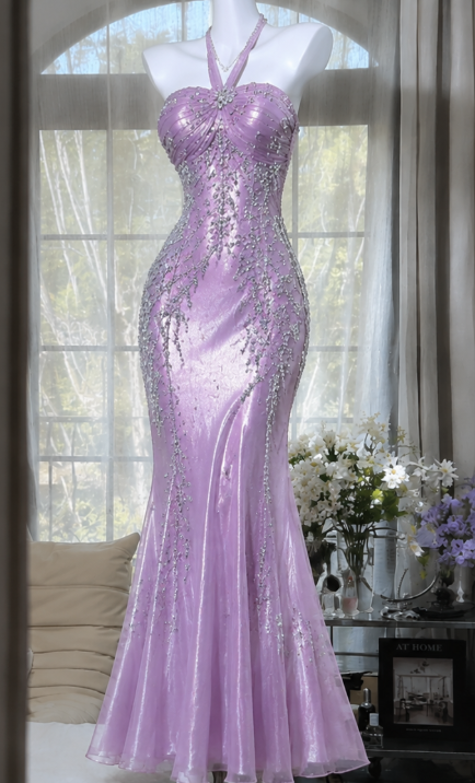 Chic Lilac Evening Dress Mermaid Beaded Chiffon Long Prom Dress ED09813