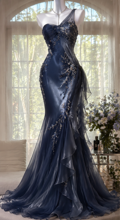 Chic Navy Blue Evening Dress Mermaid Beaded Chiffon Long Prom Dress ED09814
