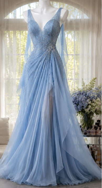 Chic Blue Evening Dress Sheath Beaded Chiffon Long Prom Dress ED09815
