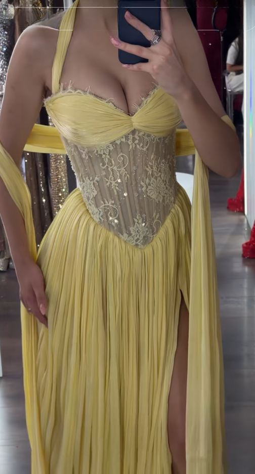 Chic Yellow Prom  Dress Sheath Chiffon Long Evening Dress ED09819