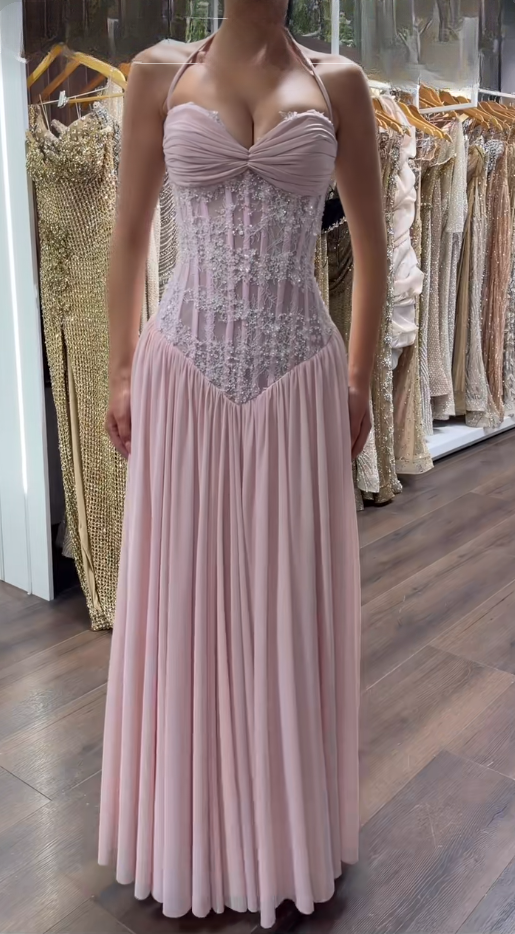 Chic Pink Prom  Dress Sheath Lace Chiffon Long Evening Dress ED09820