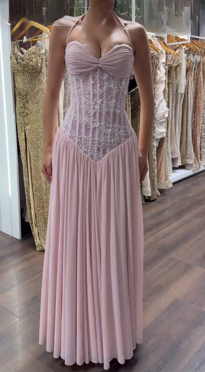 Chic Pink Prom  Dress Sheath Lace Chiffon Long Evening Dress ED09820