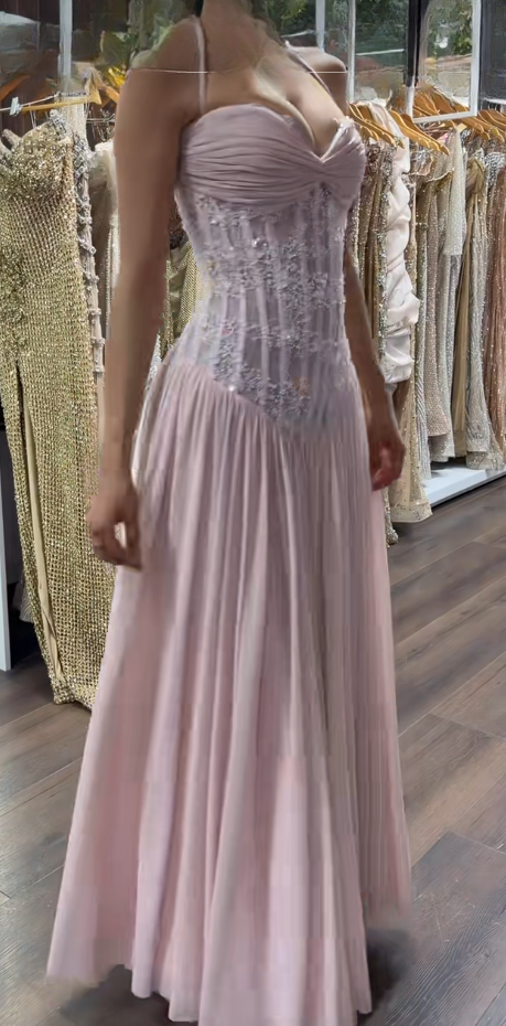 Chic Pink Prom  Dress Sheath Lace Chiffon Long Evening Dress ED09820