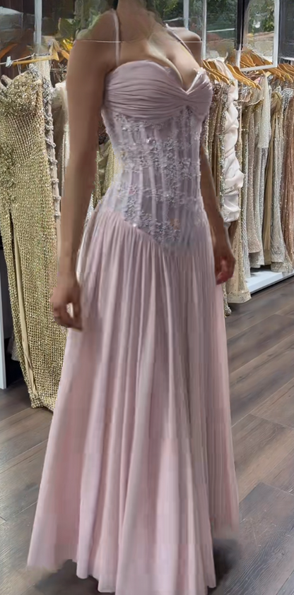 Chic Pink Prom  Dress Sheath Lace Chiffon Long Evening Dress ED09820
