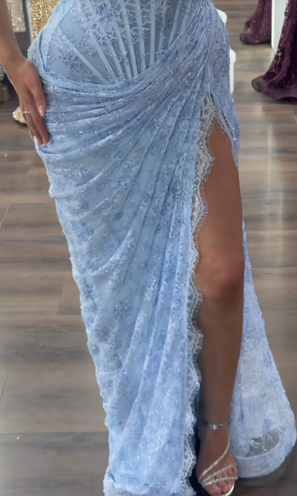 Chic Blue Prom  Dress Sheath Lace Long Evening Dress ED09821