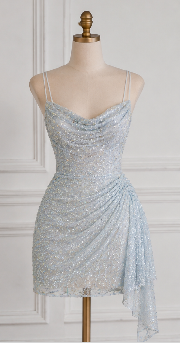 Pretty Ice Blue Birthday Dress Sheath Chiffon Sequins Short Homecoming Dress ED09834