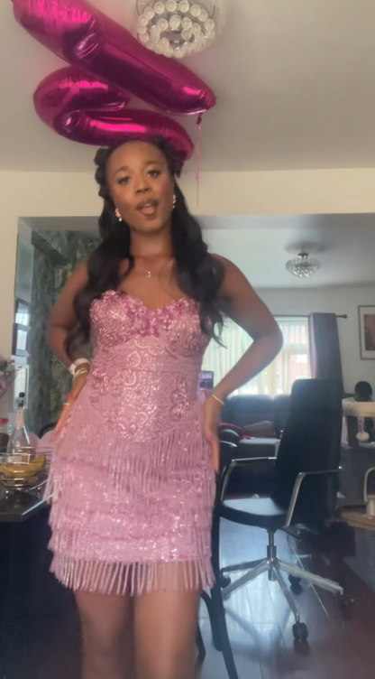 Chic Pink Homecoming Dress  Sheath Tulle Beaded Birthday Dress ED09860
