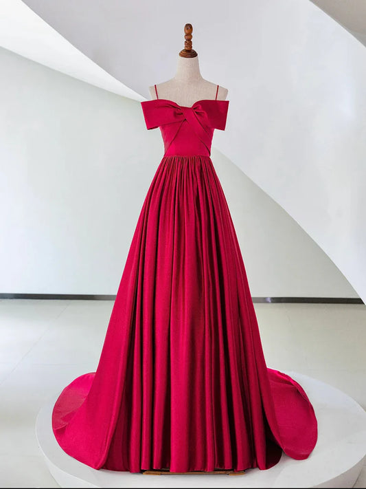 A-Line Off Shoulder Satin Red Long Prom Dress, Red Evening Dress ED0992