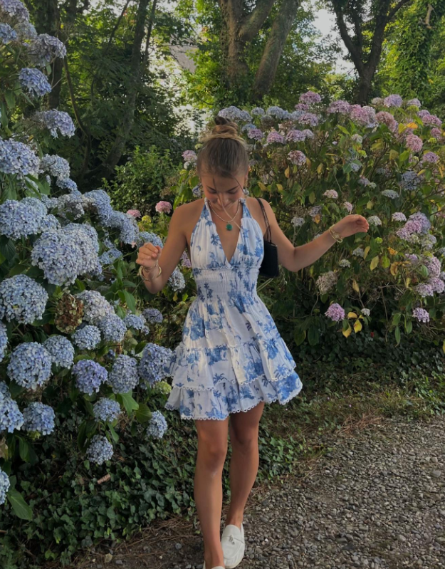 Robe de Soirée Bleue Florale Chic  Robe d'Anniversaire en Chiffon Coupe A-Line ED09872