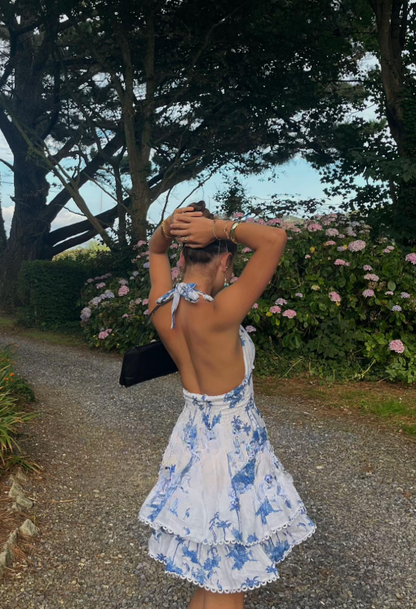Robe de Soirée Bleue Florale Chic  Robe d'Anniversaire en Chiffon Coupe A-Line ED09872