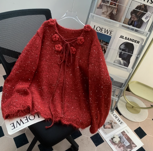 Roter Strickpullover mit Pailletten und 3D-Blumen ED0988