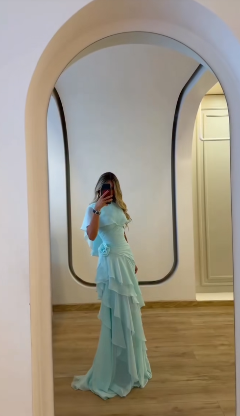 Robe de bal bleu Tiffany chic, fourreau en mousseline, pour anniversaire ED09896