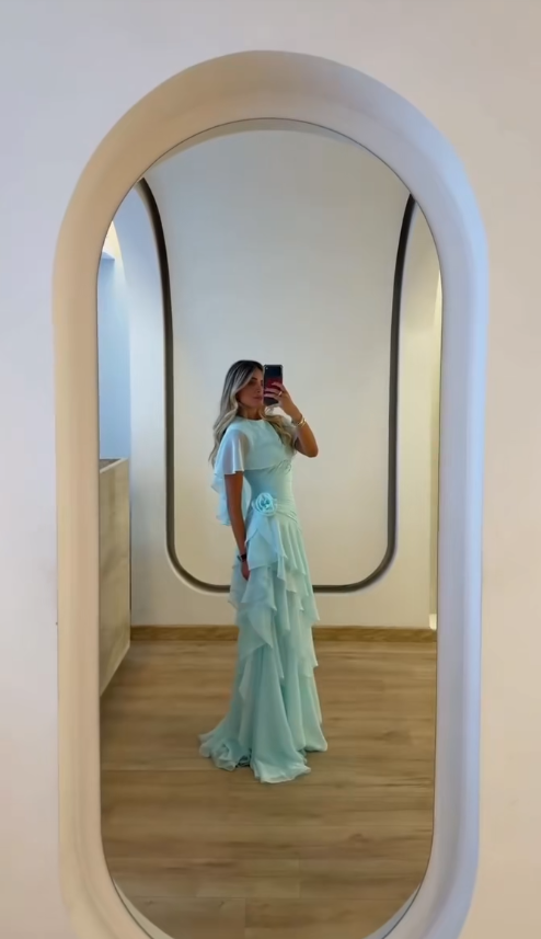Robe de bal bleu Tiffany chic, fourreau en mousseline, pour anniversaire ED09896