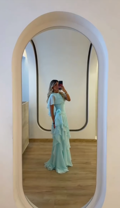 Robe de bal bleu Tiffany chic, fourreau en mousseline, pour anniversaire ED09896