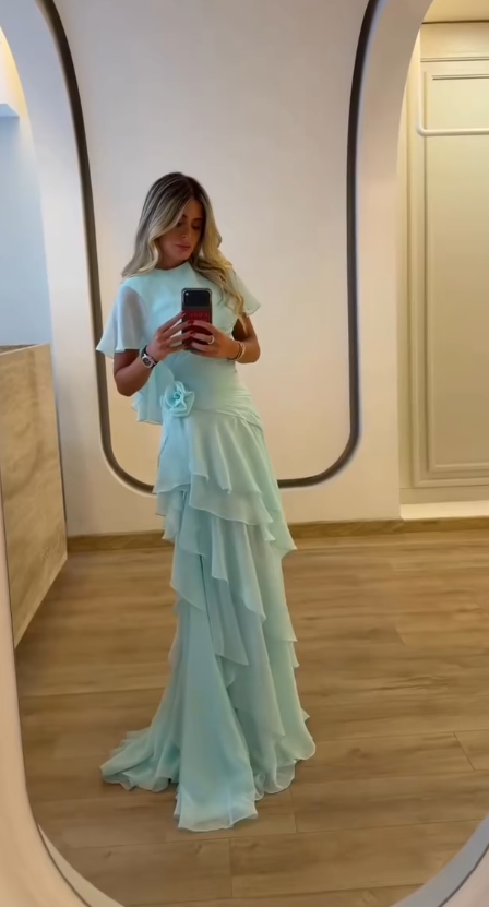 Robe de bal bleu Tiffany chic, fourreau en mousseline, pour anniversaire ED09896