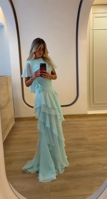 Robe de bal bleu Tiffany chic, fourreau en mousseline, pour anniversaire ED09896