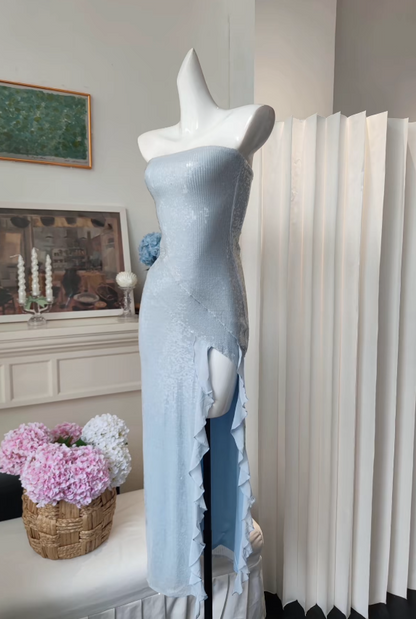 Chic Blue Long Prom Dress Sheath Sequins Evening Gown ED09911