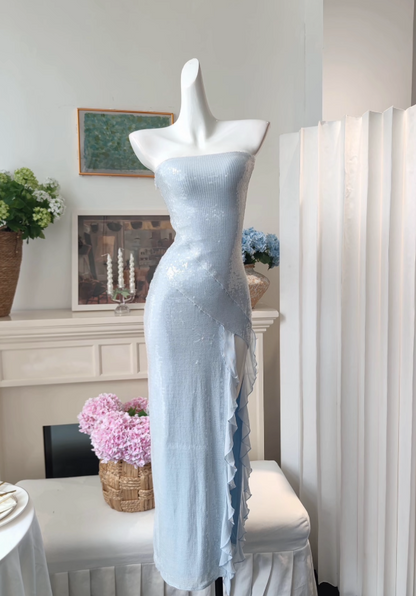Chic Blue Long Prom Dress Sheath Sequins Evening Gown ED09911