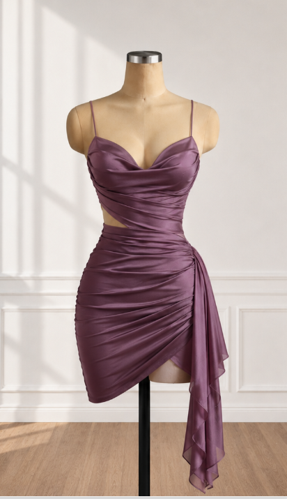 Sexy Grape Short Homecoming Dress Sheath Satin Birthday Dress ED09931