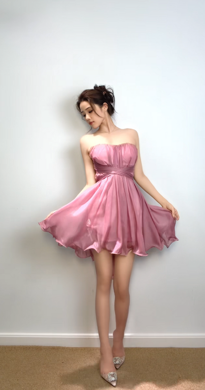 Schickes kurzes rosafarbenes Homecoming-Kleid, trägerlos, figurbetont, Chiffon, Geburtstagskleid ED09937