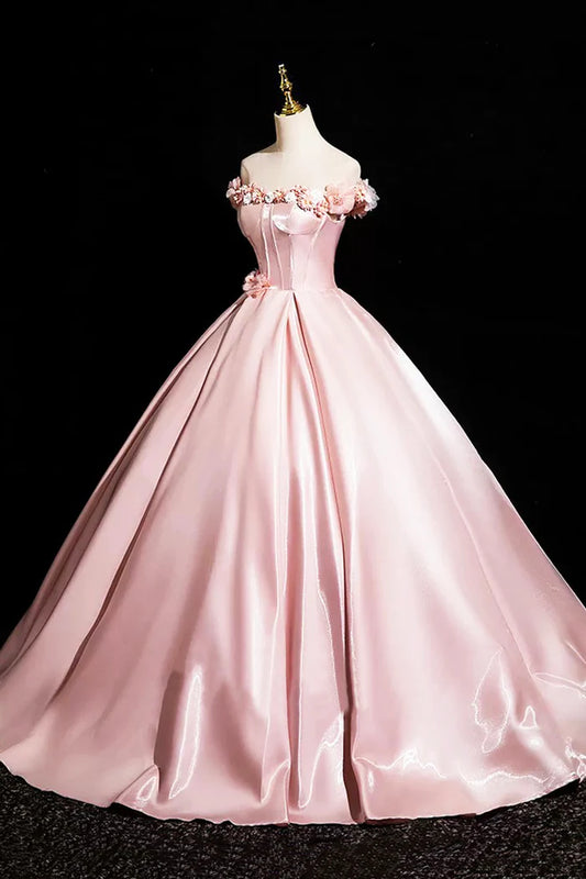 Pink A-Line Off Shoulder Satin Long Prom Dress, Beautiful A-Line Off the Shoulder Party Dress ED0994