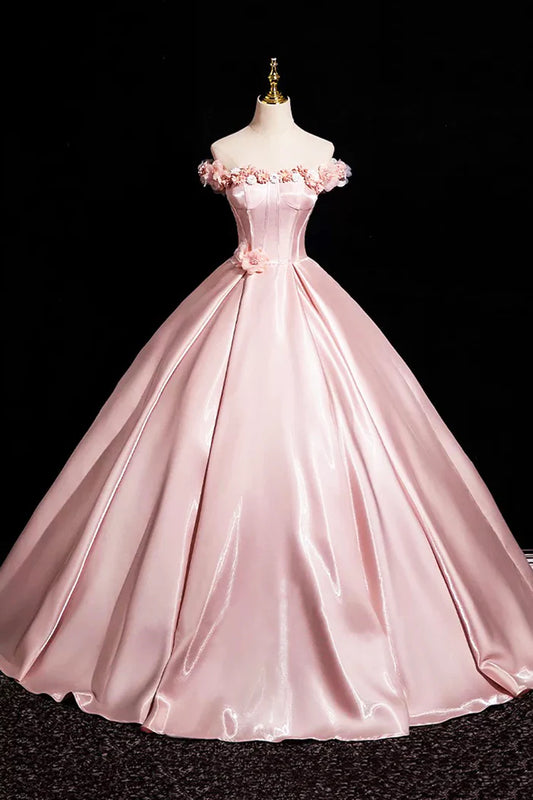 Pink A-Line Off Shoulder Satin Long Prom Dress, Beautiful A-Line Off the Shoulder Party Dress ED0994