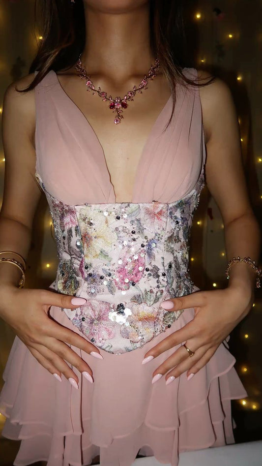 Robe de Soirée Courte Rose Chic en Mousseline de Soie Fourreau pour Anniversaire ED09958