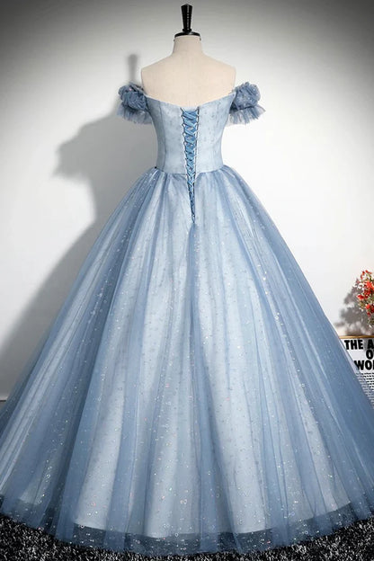 Graublaues A-Linien-Tüll-Pailletten-Langballkleid, wunderschönes graublaues Abendpartykleid ED0997