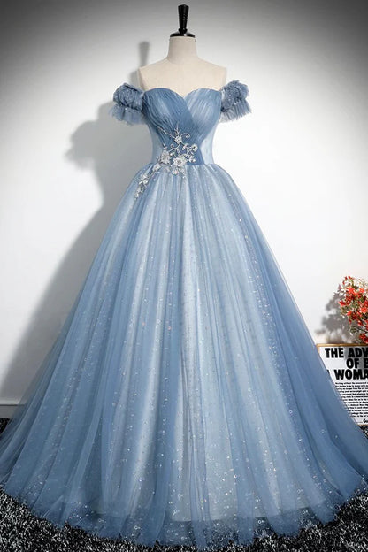 Graublaues A-Linien-Tüll-Pailletten-Langballkleid, wunderschönes graublaues Abendpartykleid ED0997