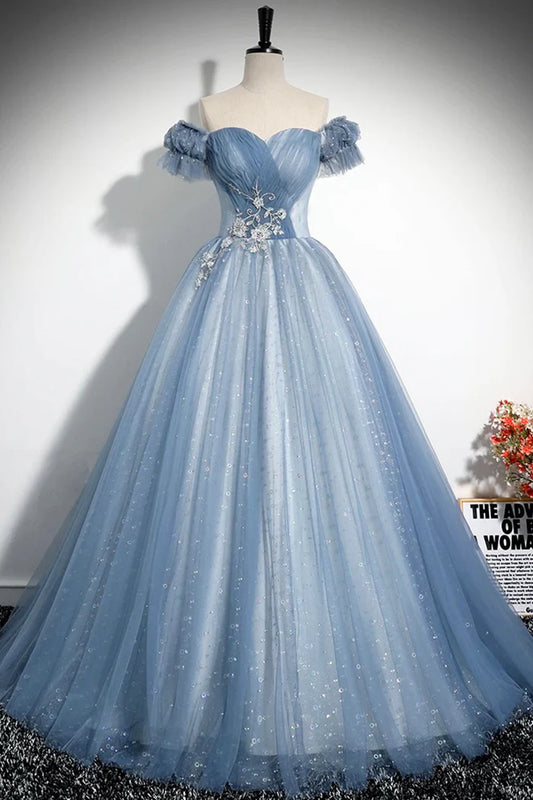 Gray Blue  A-Line Tulle Sequins Long Prom Dress, Beautiful Gray Blue Evening Party Dress ED0997