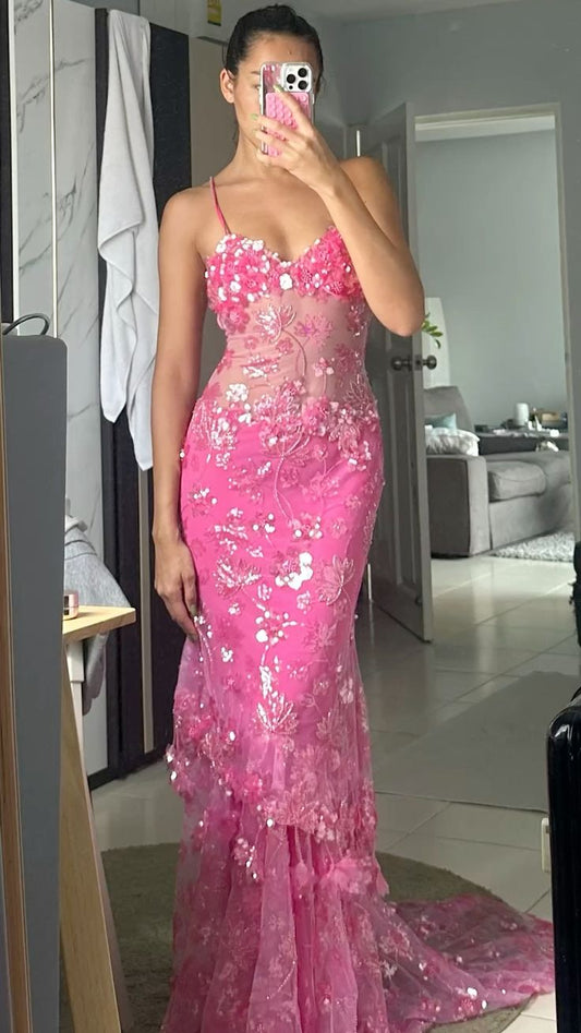 Robe de bal rose chic, fourreau, tulle, paillettes, longue robe de soirée ED09970