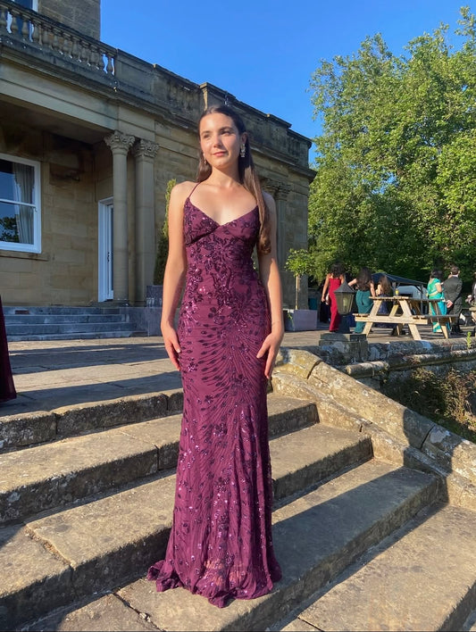 Chic Grape Prom Dress Sheath Chiffon Beaded Long Evening Dress ED09973