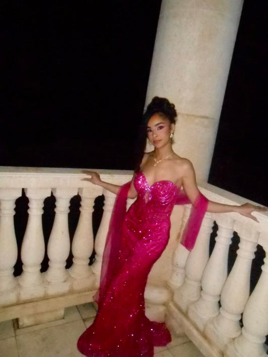 Chic Hot Pink Prom Dress Mermaid Tulle Beaded Long Evening Dress ED09975