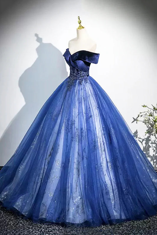 Blaues A-Linien-Ballkleid aus Samttüll, langes Ballkleid, elegantes schulterfreies Partykleid ED0998