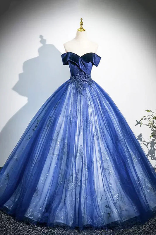 Blue A-Line Velvet Tulle Long Prom Dress, Elegant Off the Shoulder Party Dress ED0998