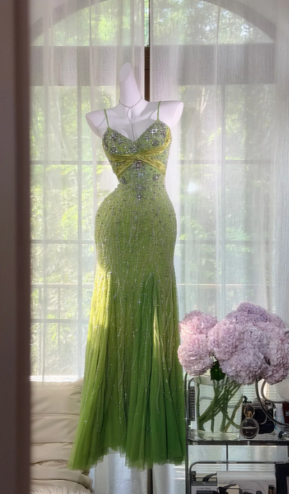 Chic Green Long Prom Dress Sheath Chiffon Beaded Evening Dress ED10003