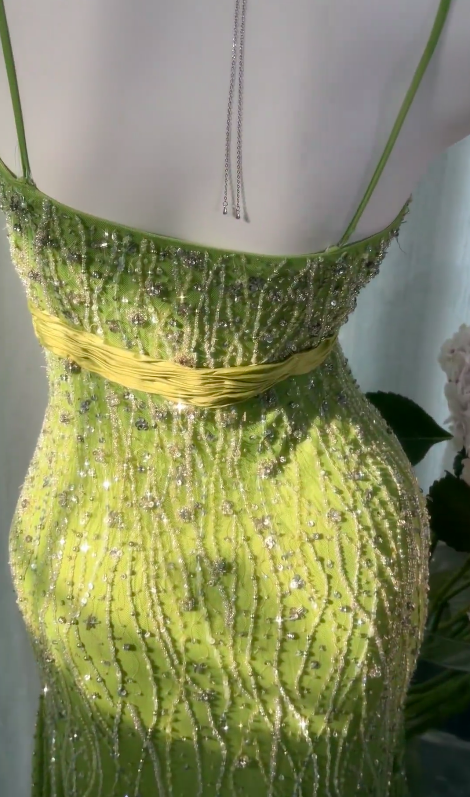 Chic Green Long Prom Dress Sheath Chiffon Beaded Evening Dress ED10003