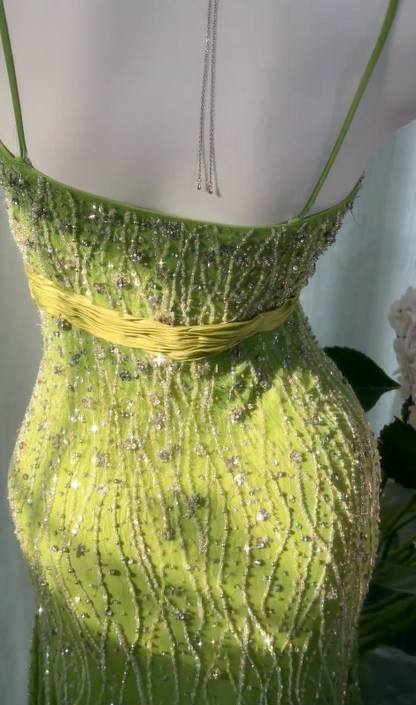 Chic Green Long Prom Dress Sheath Chiffon Beaded Evening Dress ED10003