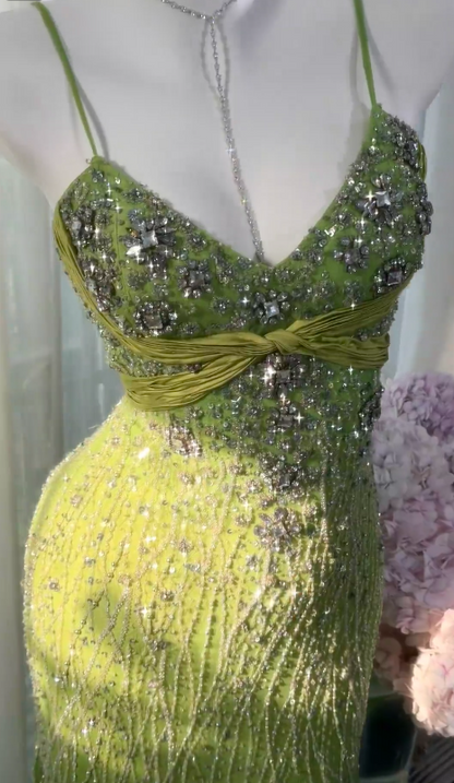Chic Green Long Prom Dress Sheath Chiffon Beaded Evening Dress ED10003