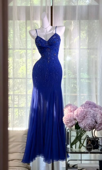 Chic Blue Long Prom Dress Sheath Chiffon Beaded Evening Dress ED10004