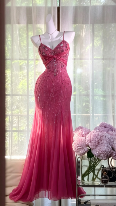 Chic Pink Long Prom Dress Sheath Chiffon Beaded Evening Dress ED10005