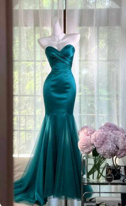 Chic Teal Long Prom Dress Sheath Satin Evening Dress ED10006