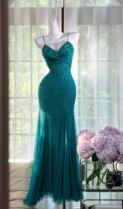 Chic Teal Long Prom Dress Sheath Chiffon Beaded Evening Dress ED10007