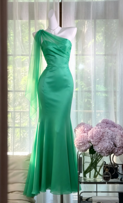 Robe de soirée longue vert chic fourreau mousseline de soie ED10008