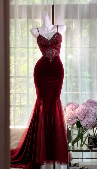 Chic Burgundy Long Prom Dress Sheath Tulle Evening Dress  ED10009